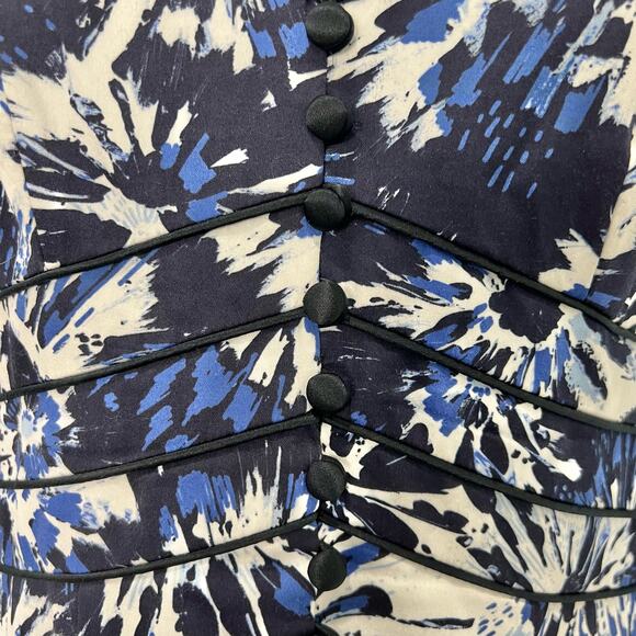 Theia Blue White Black Floral Faux Button Front Mandarin Collar Sheath Dress 2 - Picture 8 of 13